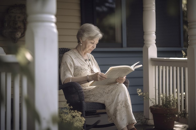 Femme caucasienne senior lisant des livres devant le porche détente décontractée IA générative AIG23