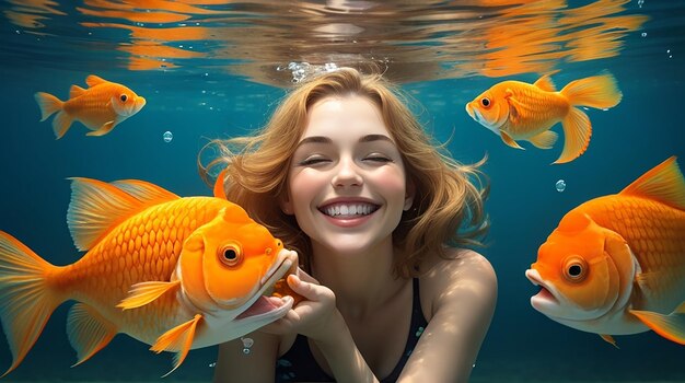 Une femme caucasienne tenant un poisson rouge souriant sous l'eau