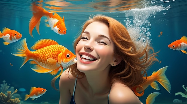 Une femme caucasienne tenant un poisson rouge souriant sous l'eau