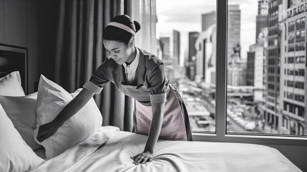 Photo une femme de chambre fait le lit dans une chambre d'hôtel.