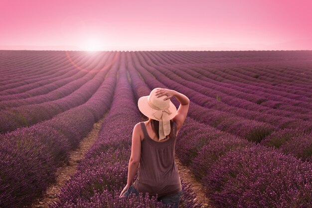 femme sur le champ de lavande sur le coucher de soleil rose