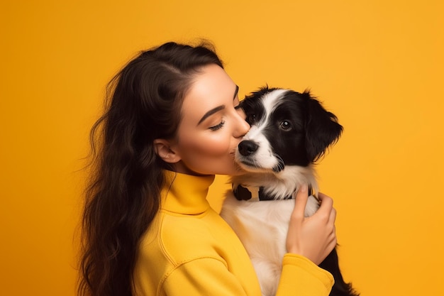 Une femme en chandail jaune embrasse un chien noir et blanc isolé sur fond jaune