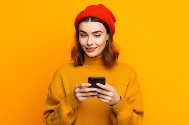 Une femme en chandail jaune tient un téléphone et regarde l'écran