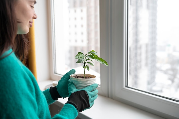 Photo femme changeant les pots de ses plantes à la maison pendant la quarantaine