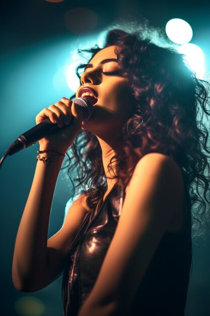 Une femme chantant dans un microphone un portrait d'une femme chanteuse photos