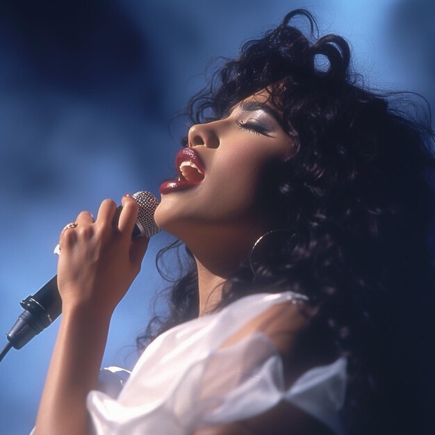 Photo une femme chantant dans un microphone un portrait d'une femme chanteuse photos