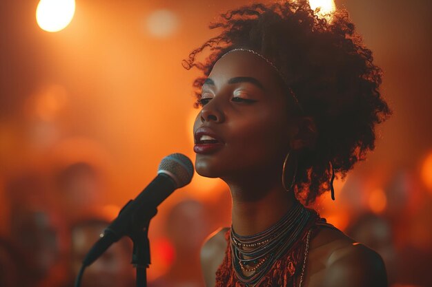 Photo une femme chante sur scène devant la foule