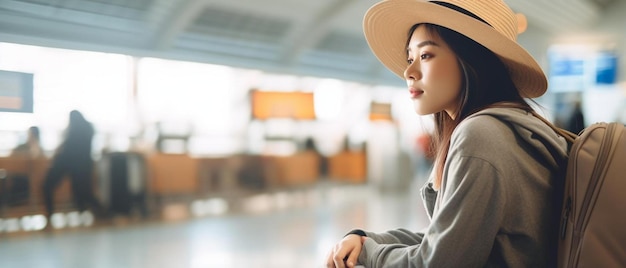 une femme avec un chapeau assise dans un aéroport