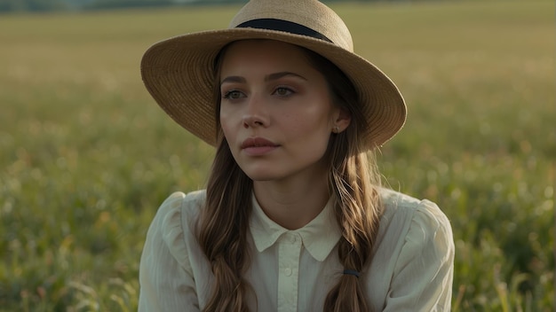 Une femme avec un chapeau assise dans un champ.