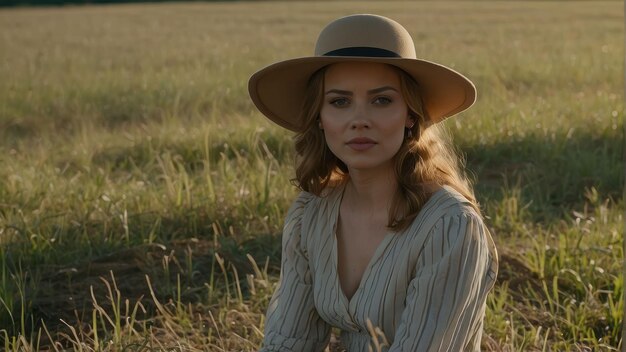 Une femme avec un chapeau assise dans un champ.