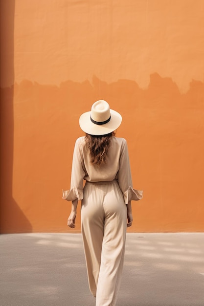 Photo une femme avec un chapeau blanc qui marche dans la rue.