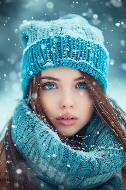 Une femme avec un chapeau bleu et un foulard