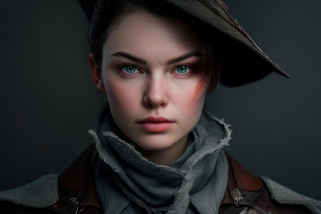 Une femme avec un chapeau et un chapeau avec le mot assassin dessus.