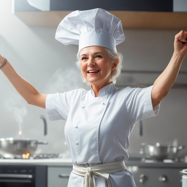 Photo une femme en chapeau de chef célèbre une victoire.