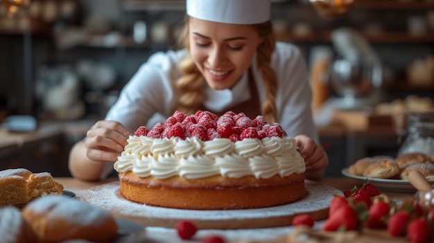 Une femme avec un chapeau de chef décorant un gâteau