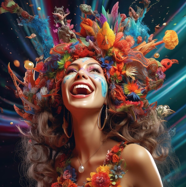 une femme avec un chapeau coloré et des fleurs sur la tête est entourée de poissons colorés.