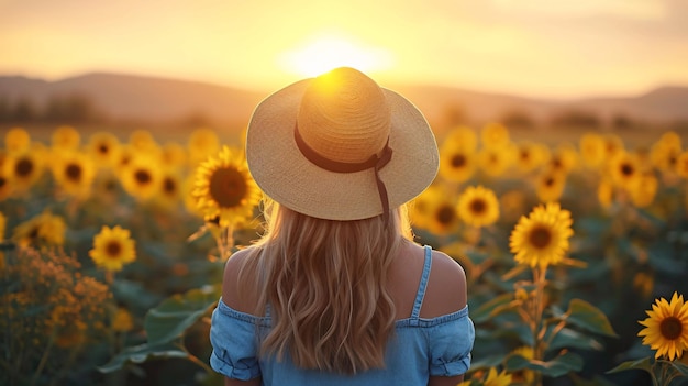 Une femme avec un chapeau dans un champ de tournesols contre le coucher de soleil