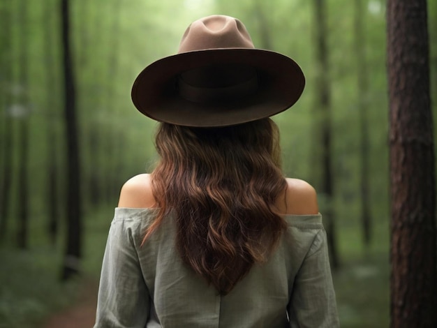 Une femme avec un chapeau dans une forêt à l'arrière