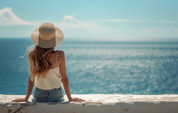 une femme avec un chapeau est assise au bord d'un mur face à la mer