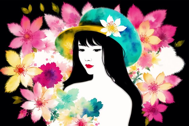 Une femme avec un chapeau avec une fleur dessus