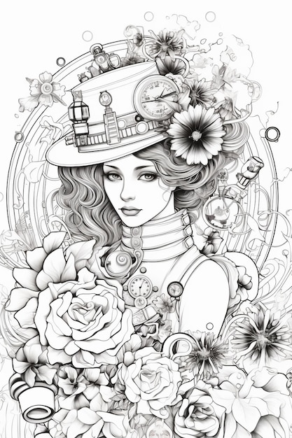 Une femme avec un chapeau et des fleurs dans ses cheveux générative ai