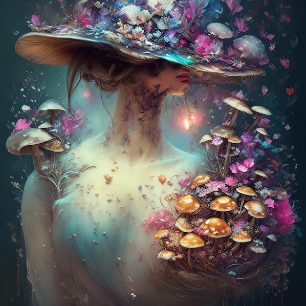 Une femme avec un chapeau et des fleurs sur la tête