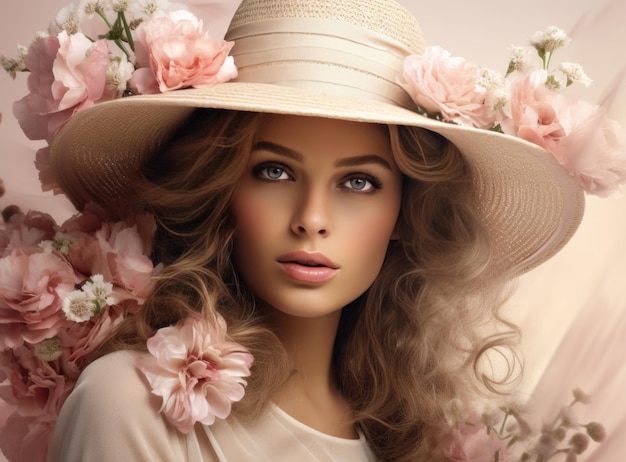 femme avec un chapeau et des fleurs