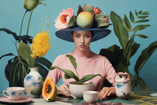 Femme avec un chapeau de fruits près de la table avec un jeu de thé de plantes exotiques