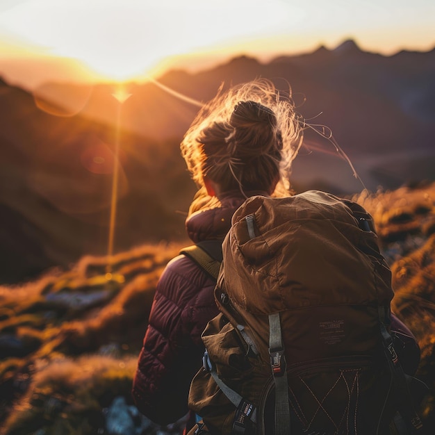 Photo une femme avec un chapeau et des lunettes regarde joyeusement le coucher de soleil dans la nature.