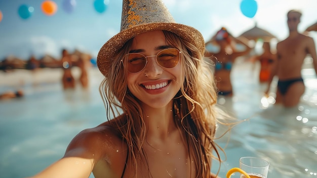 Une femme avec un chapeau et des lunettes de soleil prenant un selfie dans la piscine