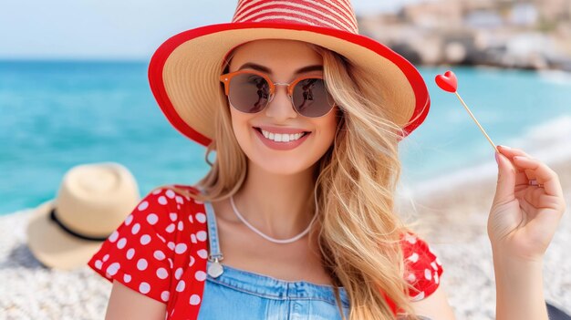 Femme avec un chapeau et des lunettes de soleil avec une sucette à la plage