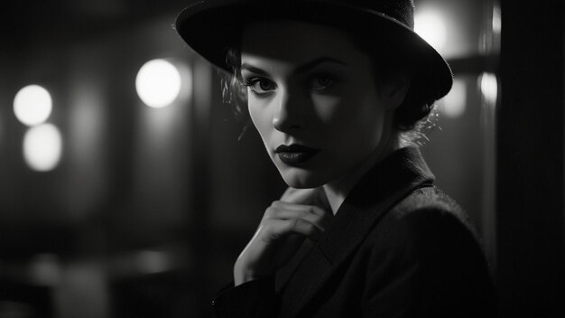 une femme en chapeau et en manteau porte un chapeau