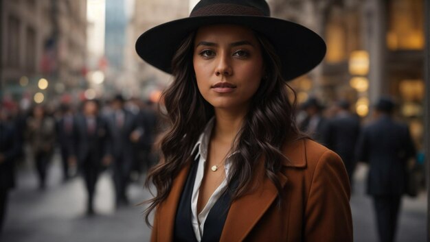 une femme avec un chapeau noir dessus