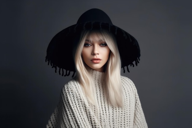 Une femme avec un chapeau noir et un pull blanc