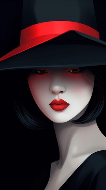 Une femme avec un chapeau noir et un rouge à lèvres rouge