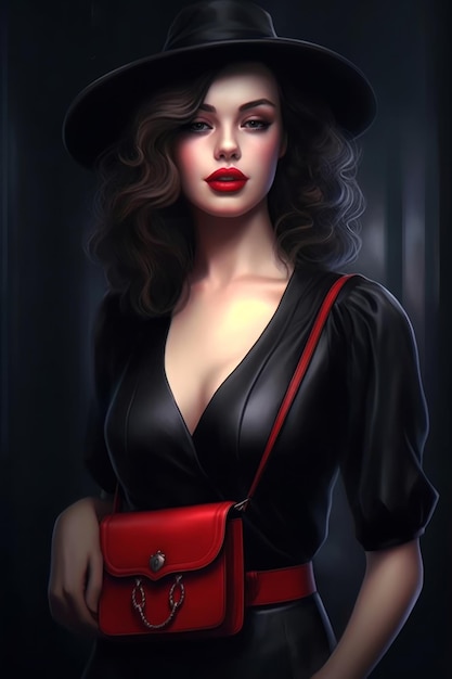 Une femme avec un chapeau noir et un sac rouge