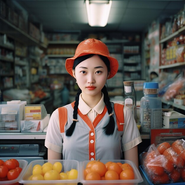 une femme avec un chapeau orange se tient dans un magasin avec un chariot plein de fruits.