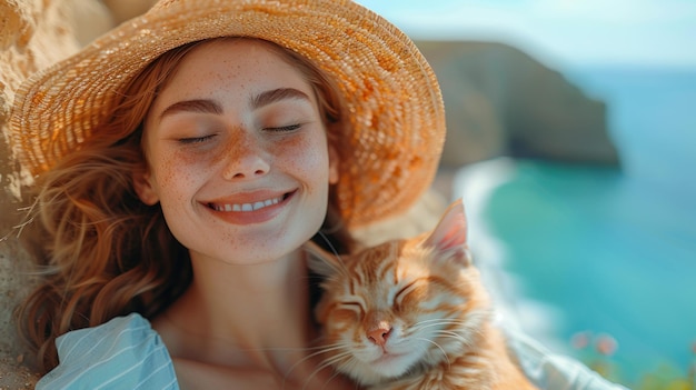 Une femme avec un chapeau de paille tenant un chat