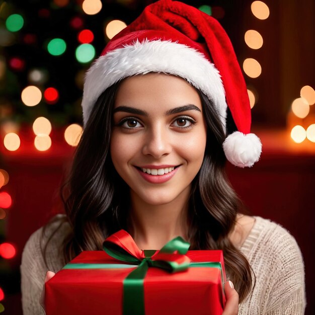 Une femme en chapeau de Père Noël offrant un cadeau de Noël