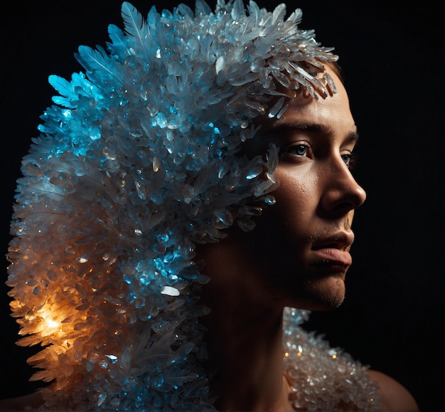 une femme avec un chapeau à plumes et des plumes sur la tête