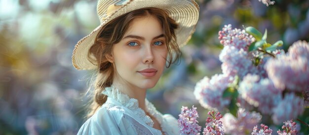 Une femme avec un chapeau près d'un buisson de fleurs