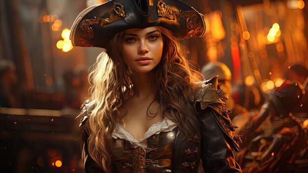 Photo une femme avec un chapeau qui dit pirate