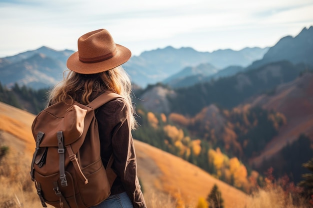 une femme avec un chapeau regardant une vallée