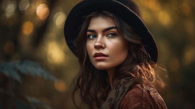 Une femme avec un chapeau regarde au loin.