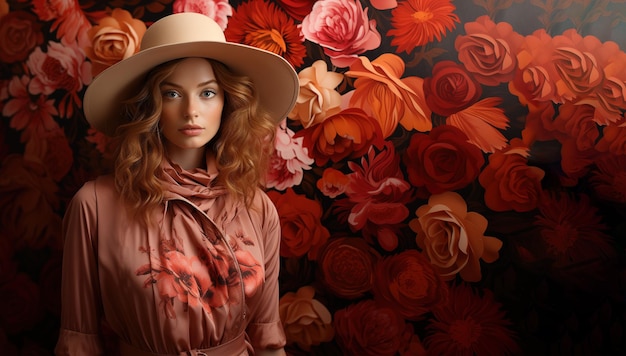 Photo une femme en chapeau et en robe rose pose près des fleurs