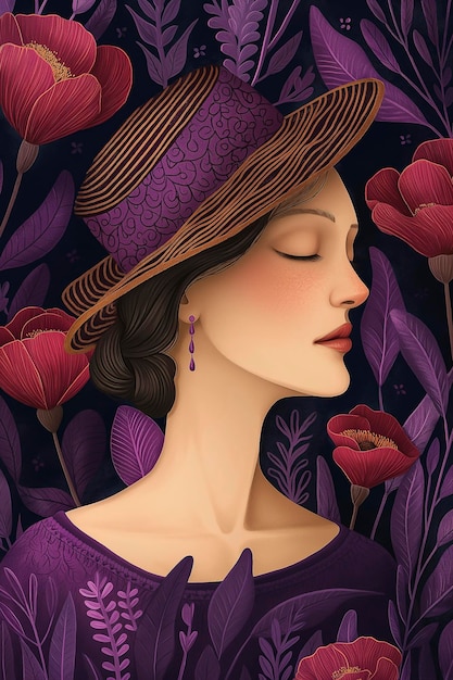 Photo femme avec un chapeau et une robe violette dans un champ de fleurs