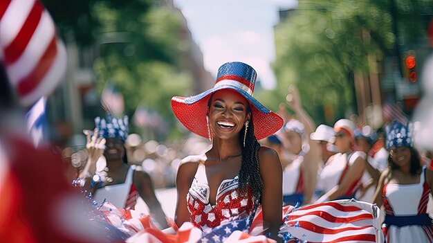 Photo une femme avec un chapeau rouge, blanc et bleu est assise au milieu du défilé.