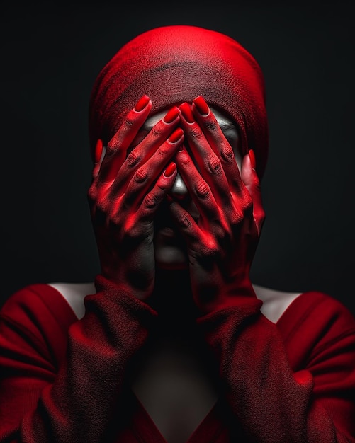 Une femme avec un chapeau rouge couvrant son visage avec ses mains