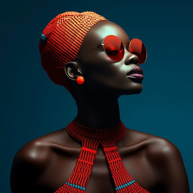 une femme avec un chapeau rouge et des lunettes de soleil porte une coiffe colorée.