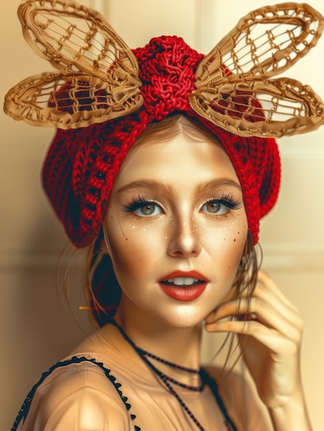 une femme avec un chapeau rouge et un papillon sur la tête